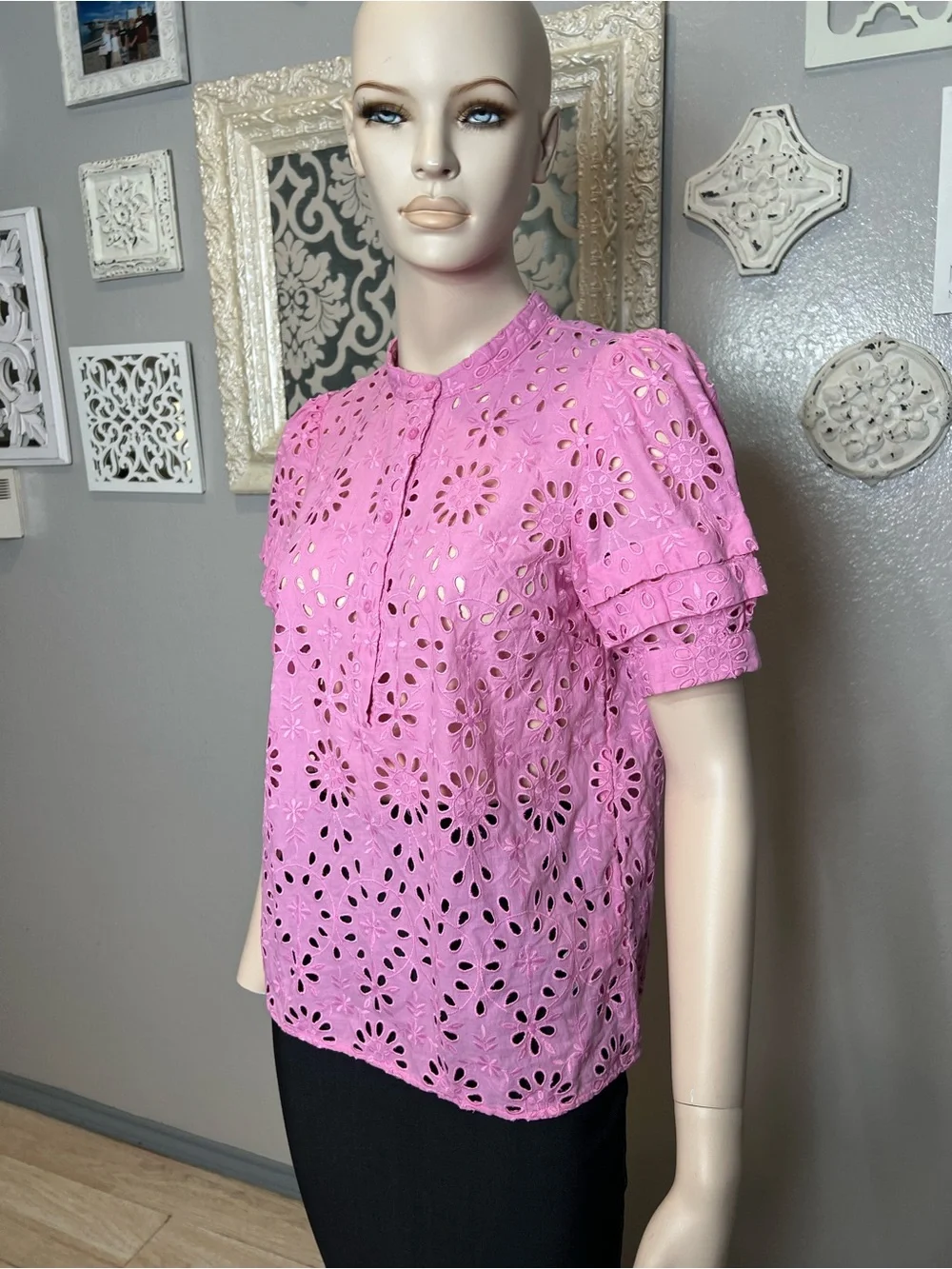 J. Crew Pink Eyelet Short puff Sleeve Blouse